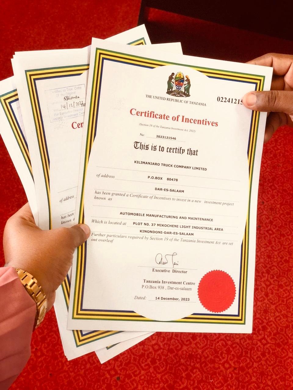 Certificates of Incentives issued through Tanzania's investment facilitation process